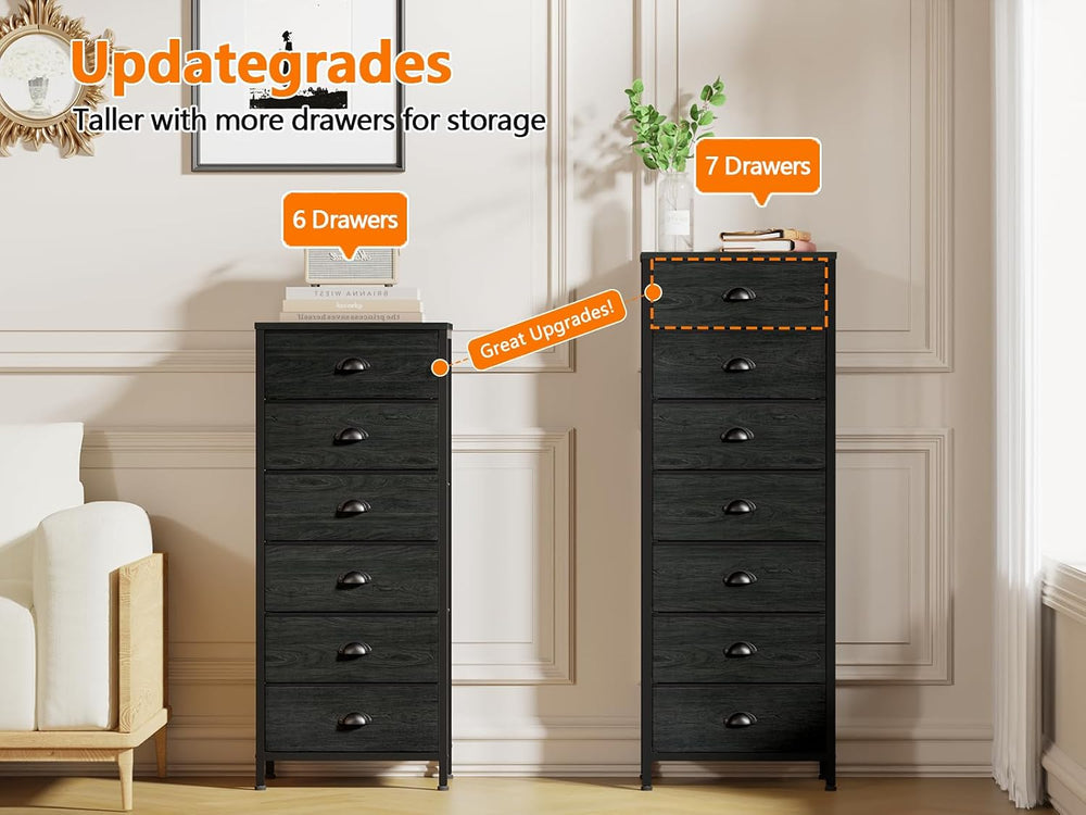 Furnulem Black Bedroom Dresser, Tall Chests of Drawers with 7 Fabric Bins