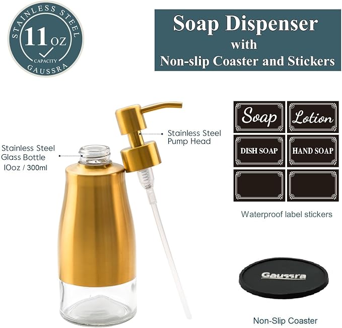 Gaussra Soap Dispenser with Coaster and Stickers, Brushed Gold Stainless Steel - Image 3