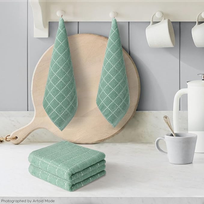 Artoid Mode Checkered Designed Cotton Light Green Terry Kitchen Dish Cloths - Image 2