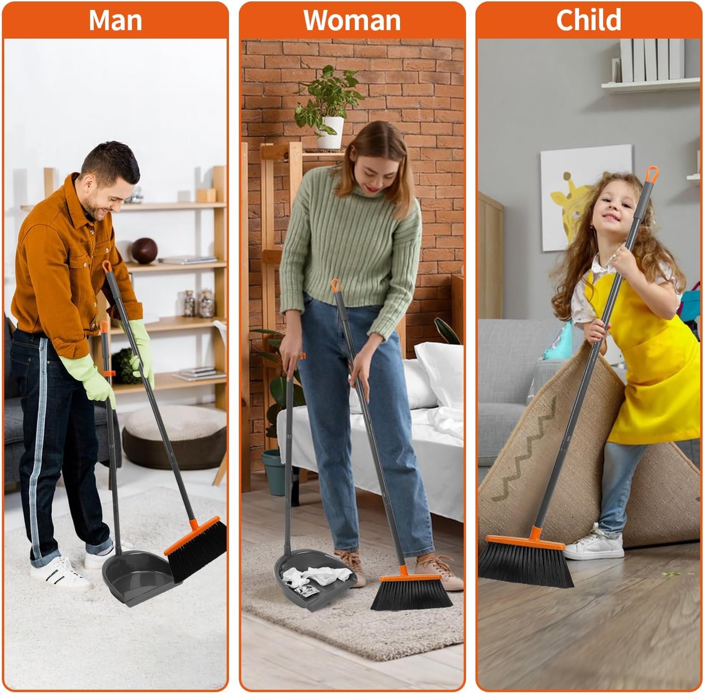 Long Handle Broom with Dustpan Combo Set for Office Home Kitchen Lobby Floor Cleaning Broom Dustpan for Indoor&Outdoor Sweeping