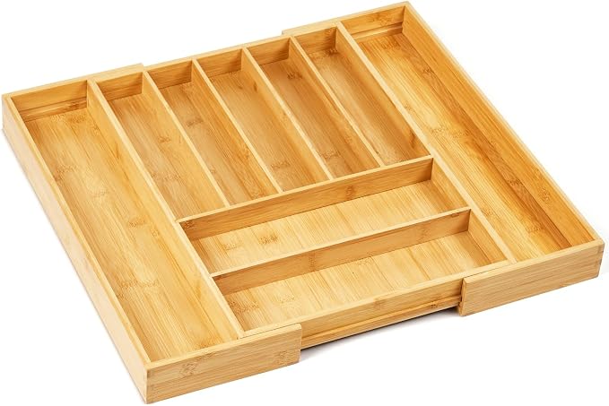 Premium Bamboo Expandable Drawer Organizer, 7-9 Slots Adjustable Kitchen Drawer by Upolana