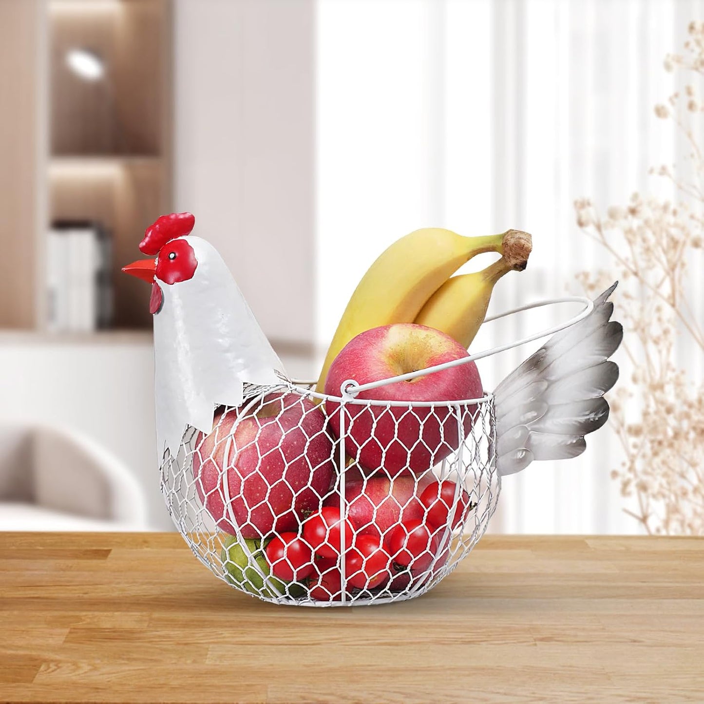 Farmhouse Metal Chicken Wire Egg Basket,Eggs Holder Bowl Kitchen Countertop | Vintage Rooster Decorative Chicken Shaped Fruit Basket for Living Room Home Farm Decor
