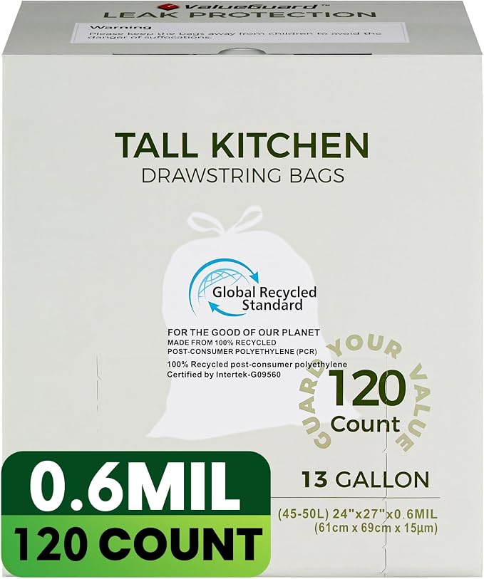 Large Trash Bag 13 Gallon Tall Drawstring 100% Post-Consumer Recycled Garbage - Image 2