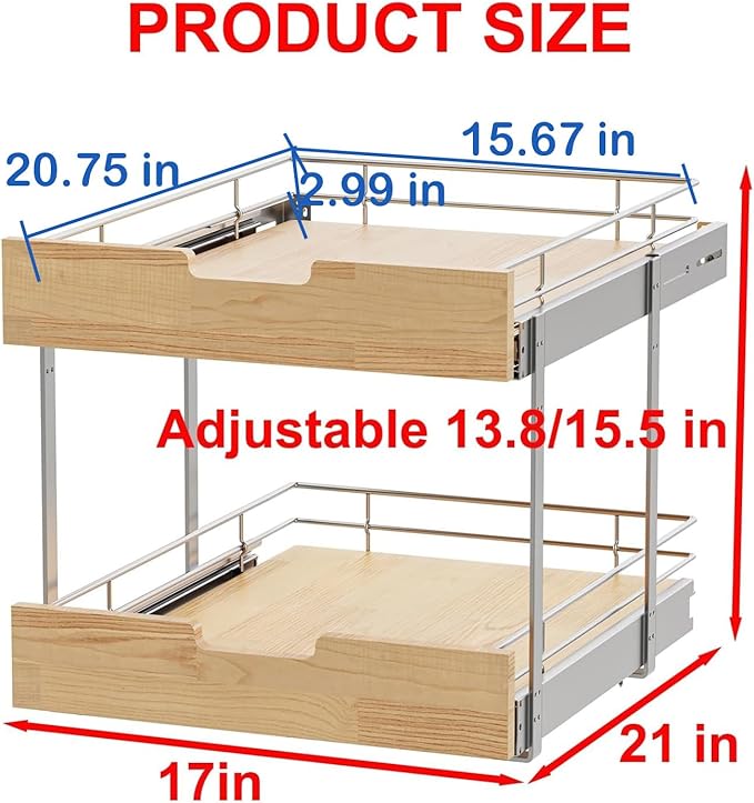 Pull Out Cabinet Organizer, Heavy-Duty Slide Out Shelf, Wood and Wire Basket - Image 2
