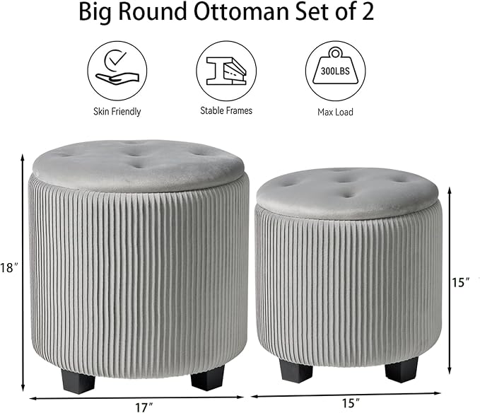 Big Round Ottoman with Storage Set of 2, Upholstered Velvet Vanity Stool