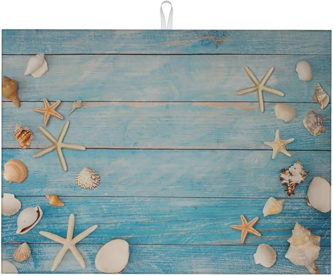 Seashells Starfish On Blue Wood Absorbent Microfiber Xl Dish Drying Mat by GOCGRVOfficialOnline
