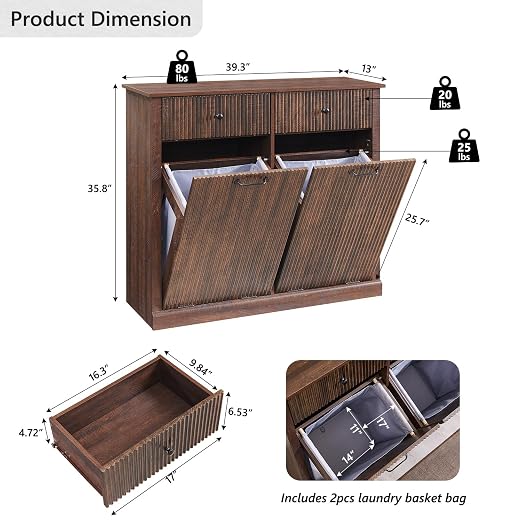 Modern Double Tilt-Out Trash Cabinet, 20 Gallon Fluted Laundry Hamper Cabinet - Image 2