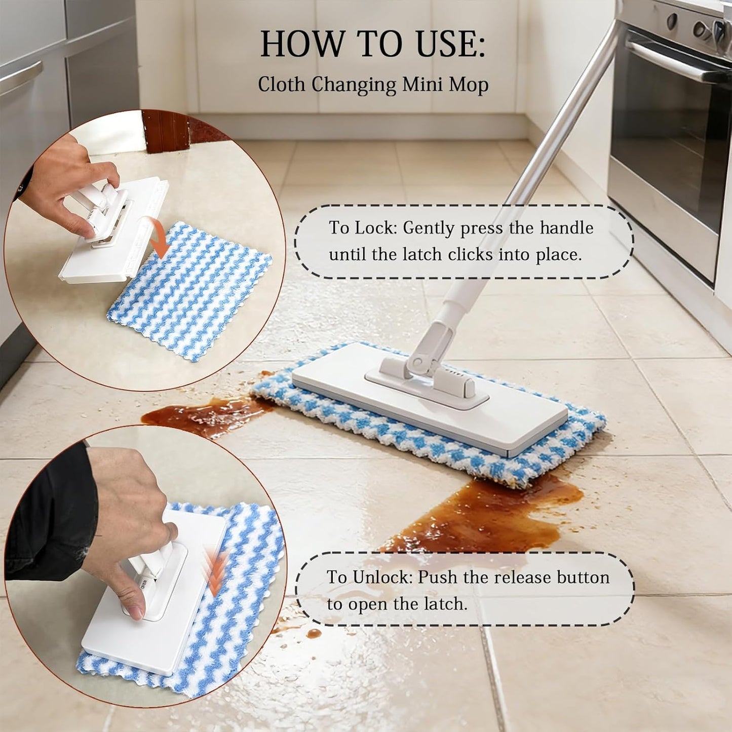Quick Grip Mini Mop, Zero Touch MiniMop, Disposable Clip Mopstick Reusable Cloths, Retractable Gap Dust Cleaner Flat Mops with Locking Head & Sweeping Cloths (1*mop+10*Cloth)