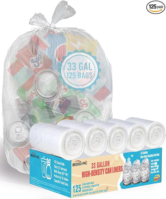 33 Gallon Trash Bags, Heavy Duty Clear Plastic Recycling Bags, Construction by BEIDOU-PAC