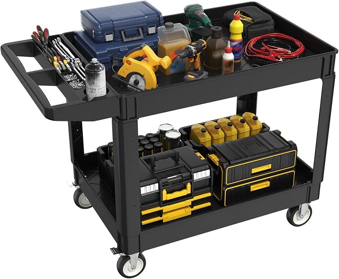 2 Tier Plastic Rolling Cart Utility Cart on Wheels, Heavy Duty Tool Carts by Maemttes