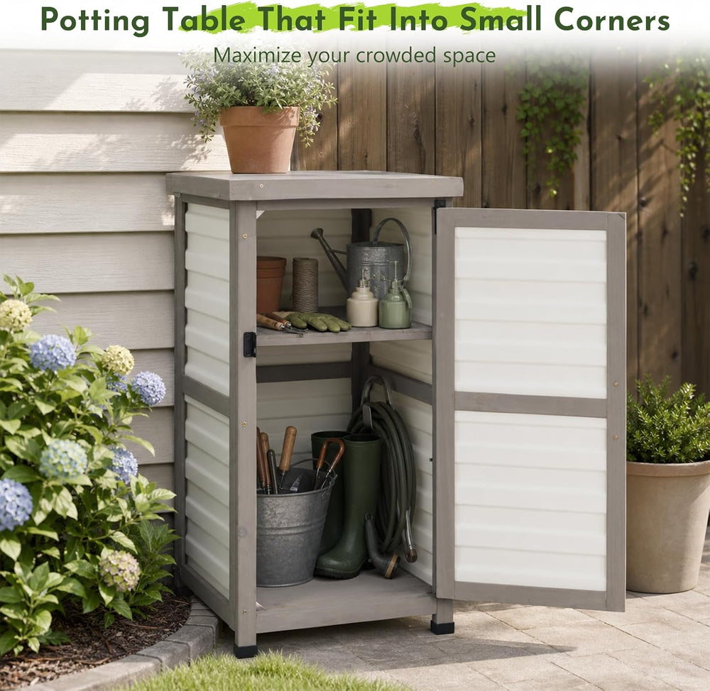 Small Outdoor Storage Cabinet with Waterproof Metal Top, White Wood & Pla...