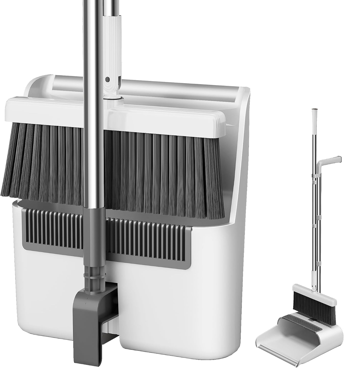 Household 53'' Broom and Dustpan Combo Set, Extra Long Handle Broom and ZeroGap Dustpan Sets with Teeth, Upright Storage Broom and Dustpan Sets for Home and Kitchen Off White