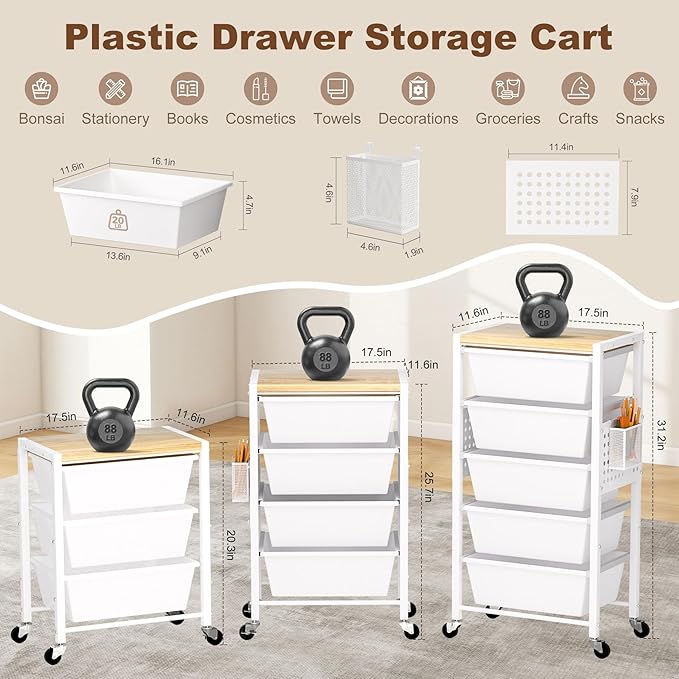 Rolling Cart with Drawers, Rolling Storage Cart with 4 Large Plastic Drawers & - Image 2