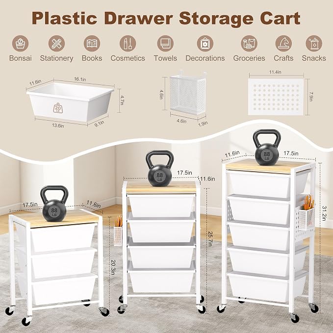 Rolling Cart with Drawers, Rolling Storage Cart with 5 Large Plastic Drawers & - Image 2