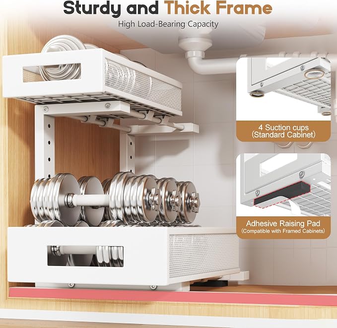 2-Pack Under Sink Storage Organizer, Large 2-Tier Elegant Mesh Pull Out Shelf