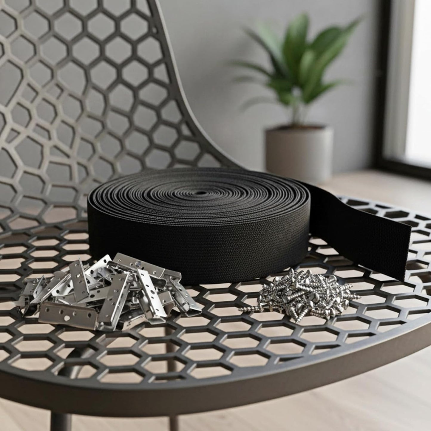 2 Inch Wide x 40 ft Chair Webbing Replacement Kit, Upholstery Webbing Elastic Band with Metal Clips and Mounting Screws to Repair Sagging Couch Chair Patio Furniture Patio (Black)