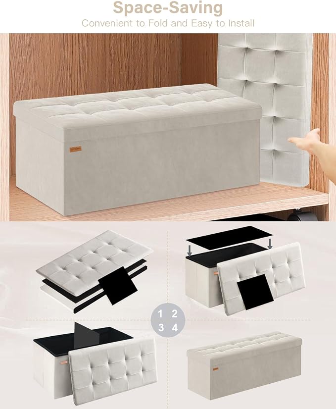 Folding Storage Ottoman, Velvet Storage Bench, Removable Divider, - Image 7