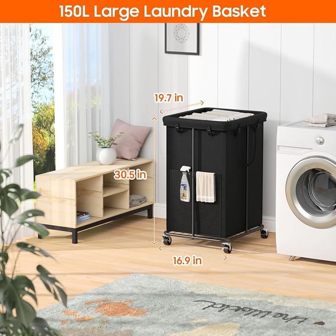 150L Laundry Hamper with Wheels, Rolling Laundry Basket with Metal Frame and - Image 2