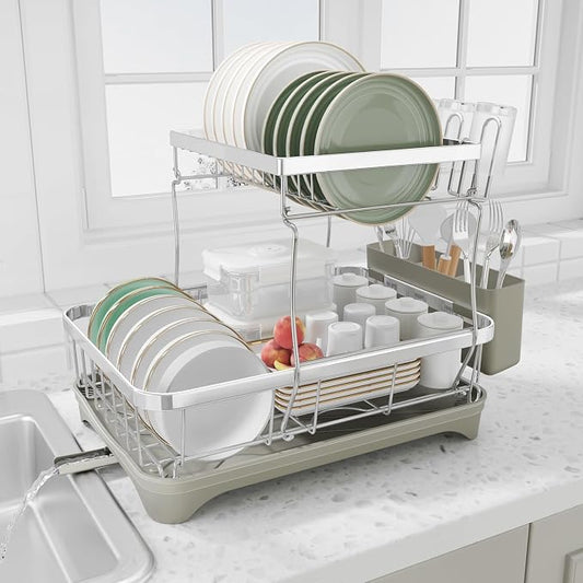 Dish Drying Rack, 2 -Tier 304 Stainless Steel Adjustable Spout Auto-Draining by HOMEBOSILY