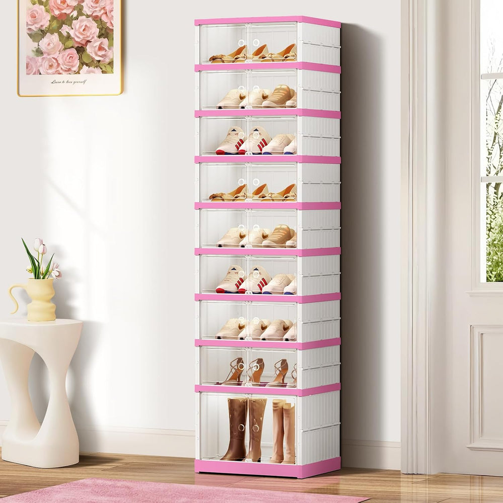 CIMLORD 9-Tier Foldable Shoe Rack Organizer with Doors, 18 Pairs,White-Pink