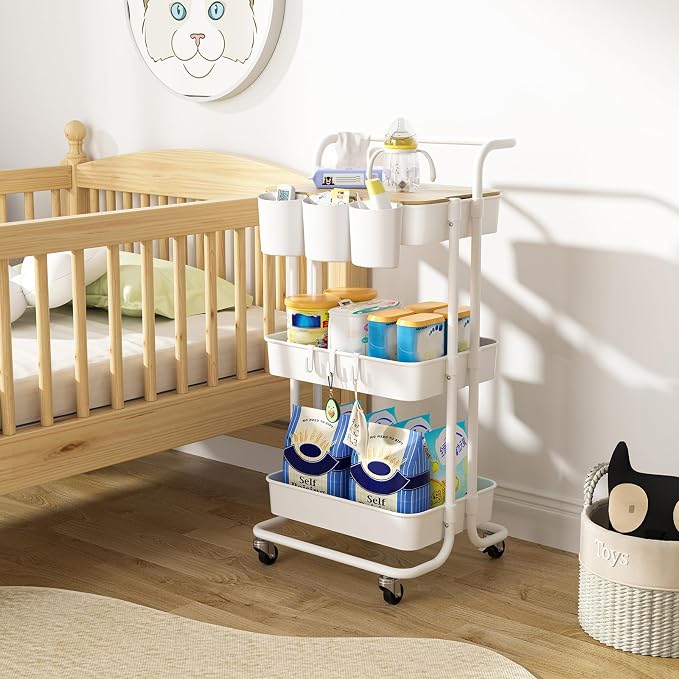 3 Tier Rolling Cart with Metal Handle, Table Top, Hanging Cups, Plastic Storage - Image 7