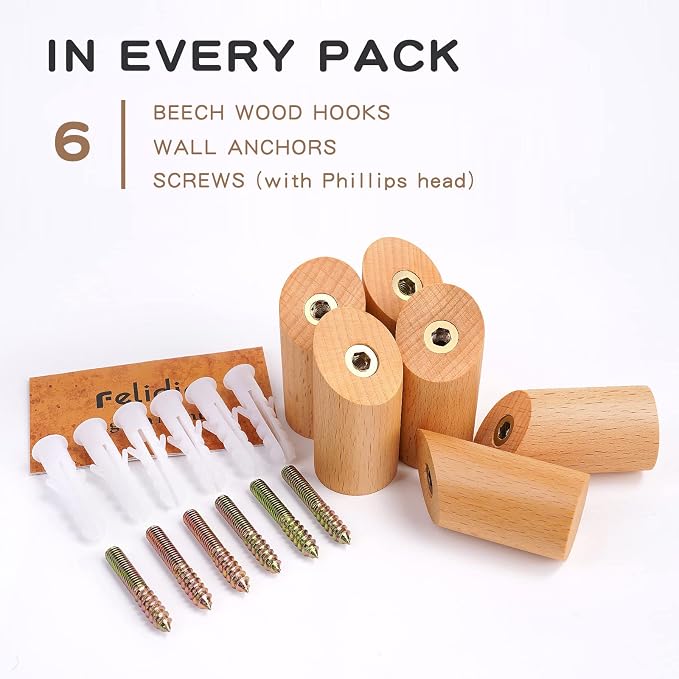 Wood Wall Hooks, 6 Pack Natural Wooden Coat Hooks Wall-Mounted, Rustic Heavy - Image 5
