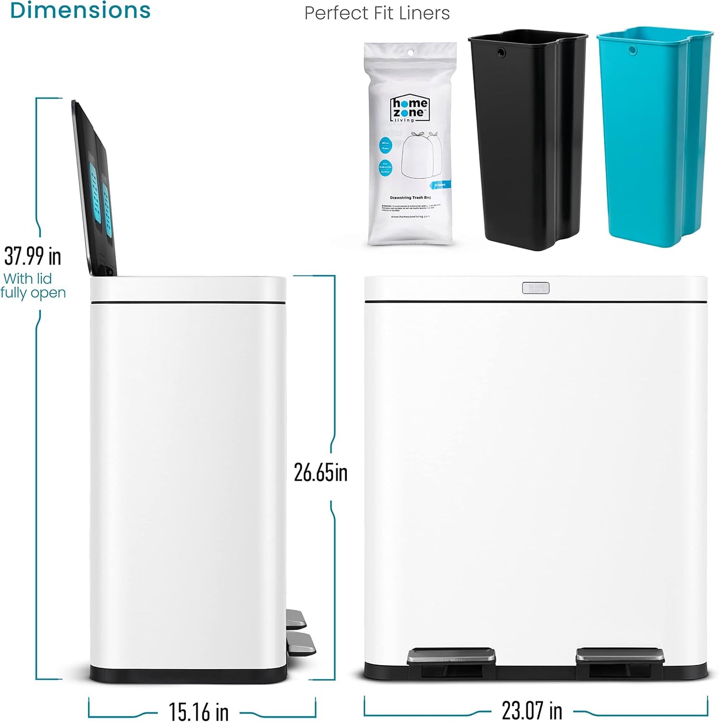 Home Zone Living 16 Gallon Kitchen Trash Can with Dual Compartments for Recycling, CleanAura Odor Control, Stainless Steel, Matte White, 60 Liters Total