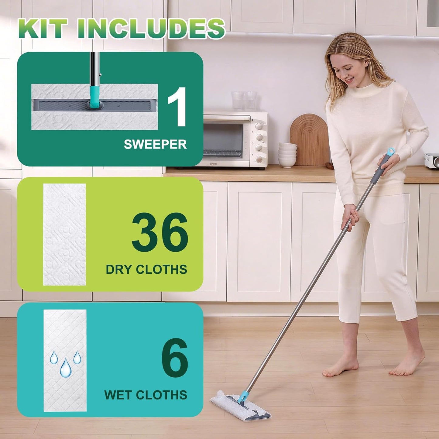 JOYMOOP Hands Free Multi Purpose Flat Mop, Dust Mop for Pet Hair and Floor, 36 Dry + 6 Wet Refills, Turquoise-Cyan & Muted Grey