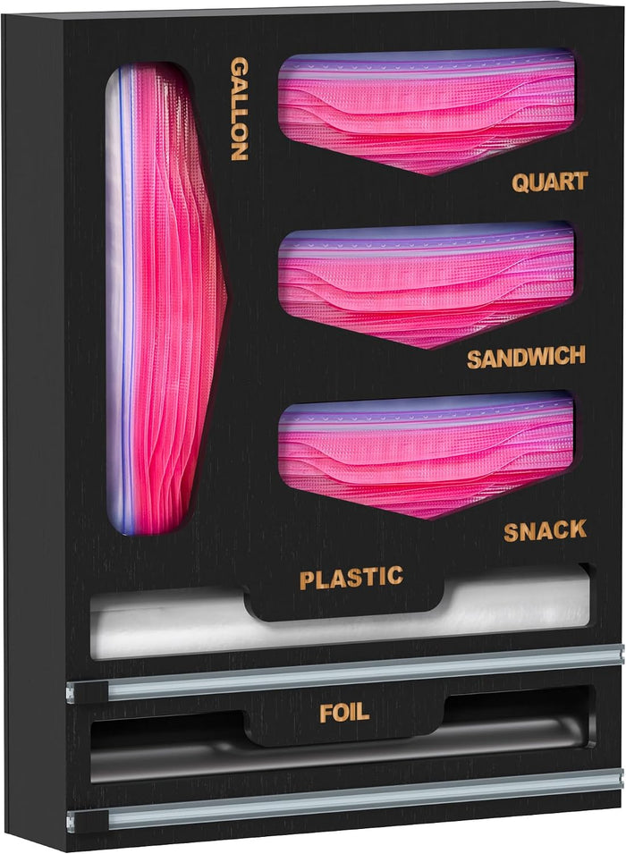 DALSHABET 6 in 1 Bamboo Bag Organizer with Foil and Wrap Dispenser, Black