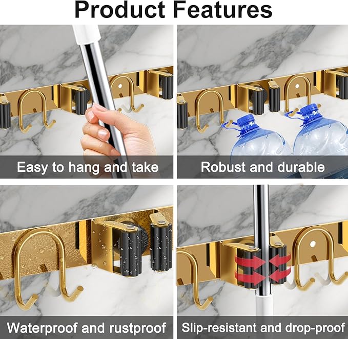 Mop Broom Holder Wall Mount, 2 Packs Gold Stainless Steel Tool Storage Organizer - Image 4