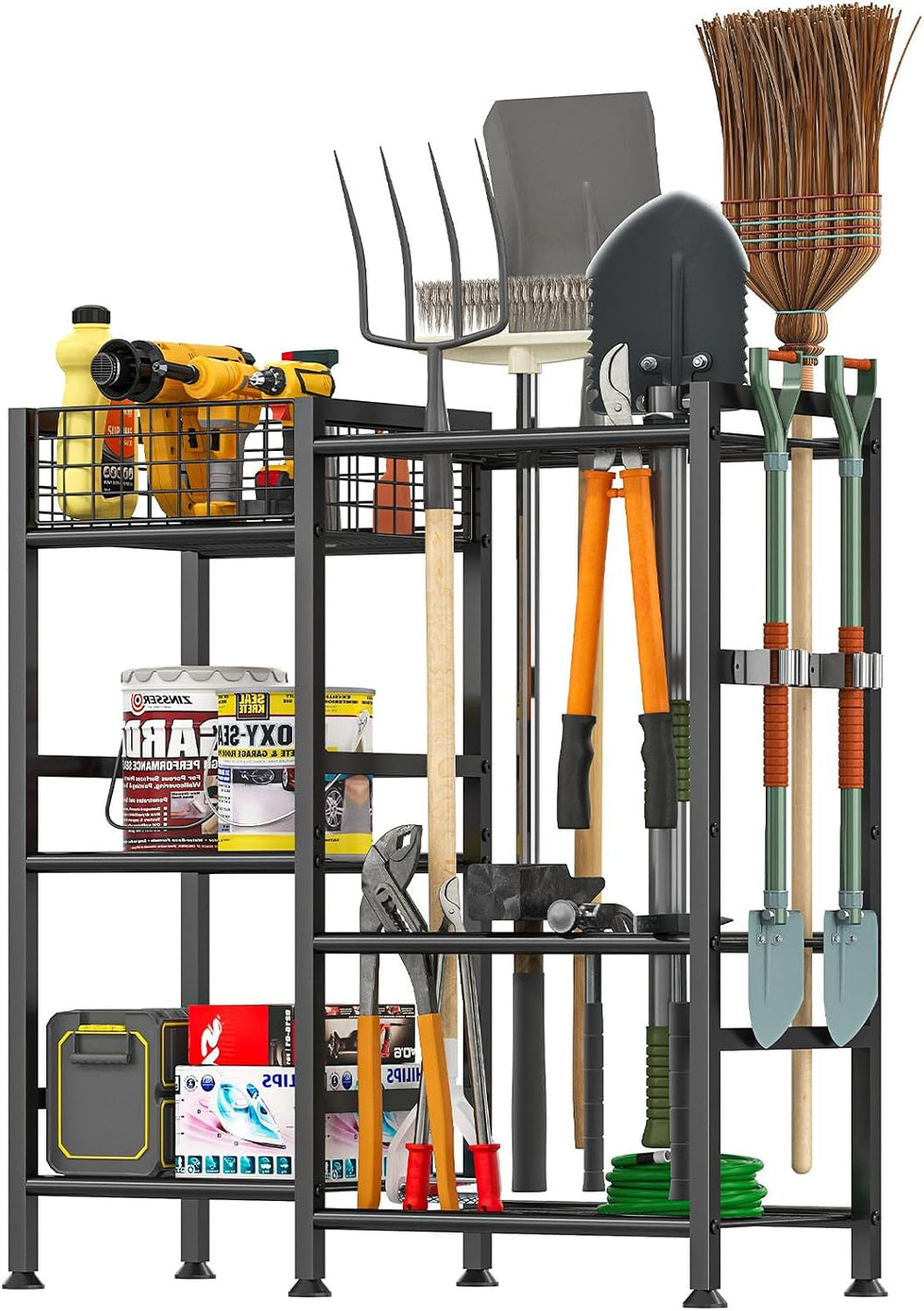 Garden Tool Organizer with Basket, 3-Tier Yard Storage Rack for Garage