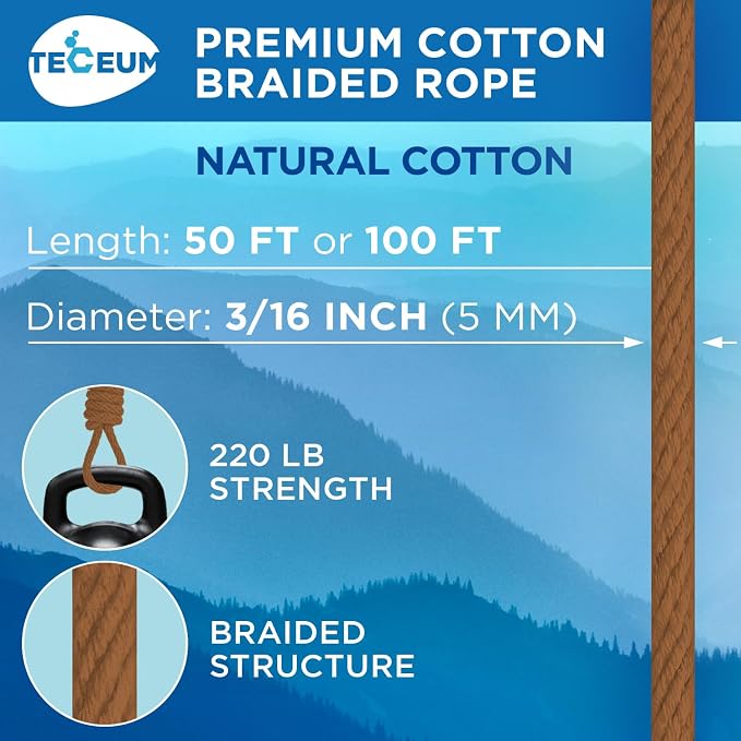 TECEUM Cotton Rope 3/16” – 100 FT – Strong All-Purpose Braided Rope – Natural - Image 2