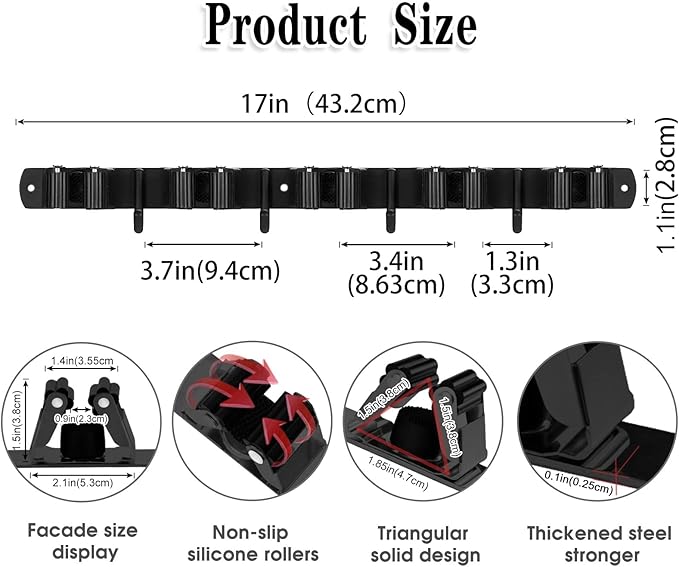 AceMining 2 Pack Black 5 Racks and 4 Hooks Mop and Broom Holder Wall Mount - Image 3