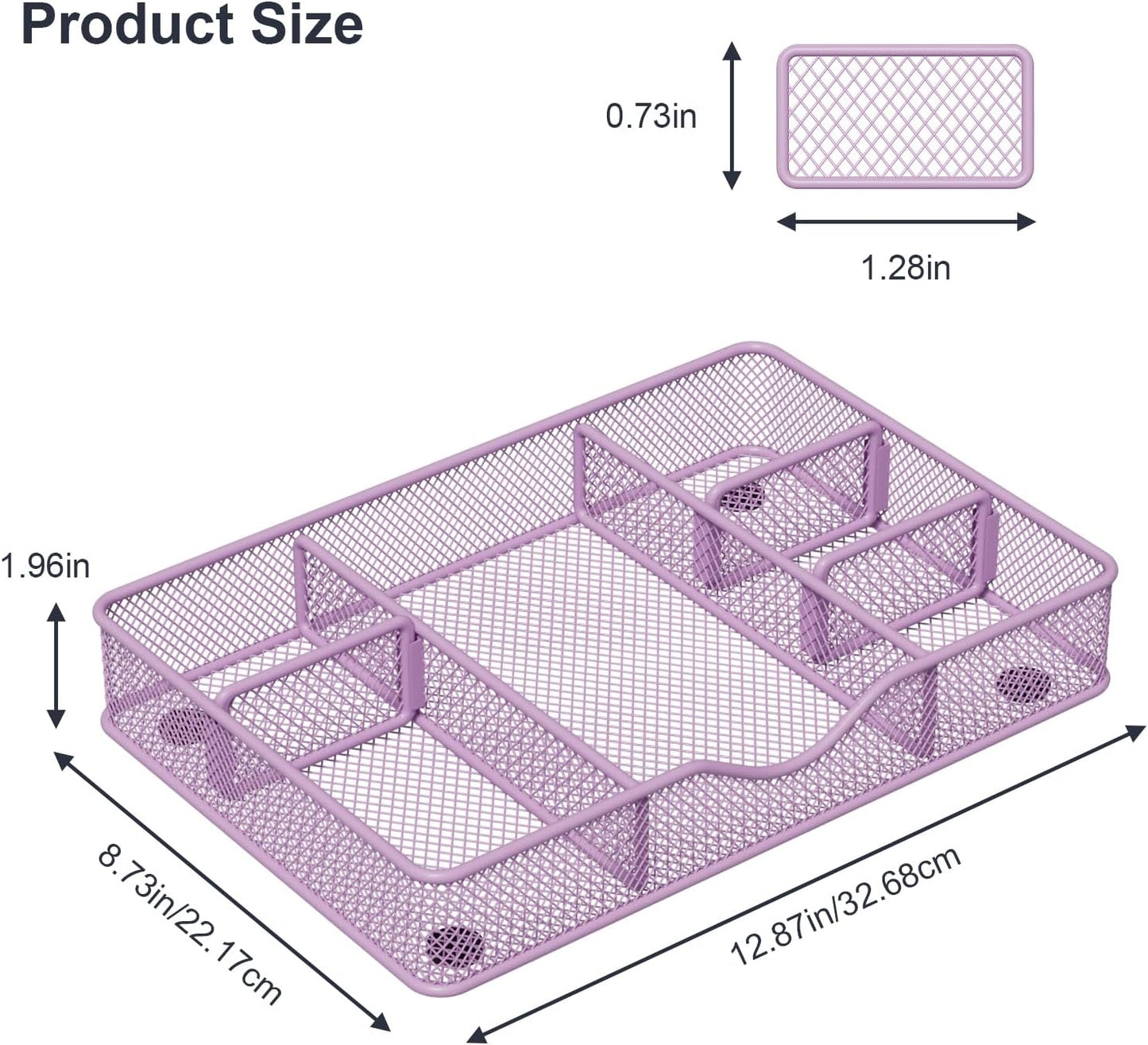 VyGrow Desk Drawer Organizer Tray, Metal Mesh Drawer Organizers Office, 6 Adjustable Compartment, Desk Organizer Tray for Home Office 12.87L x 8.73D x 1.96H inch, Black, 1PC Medium, Purple