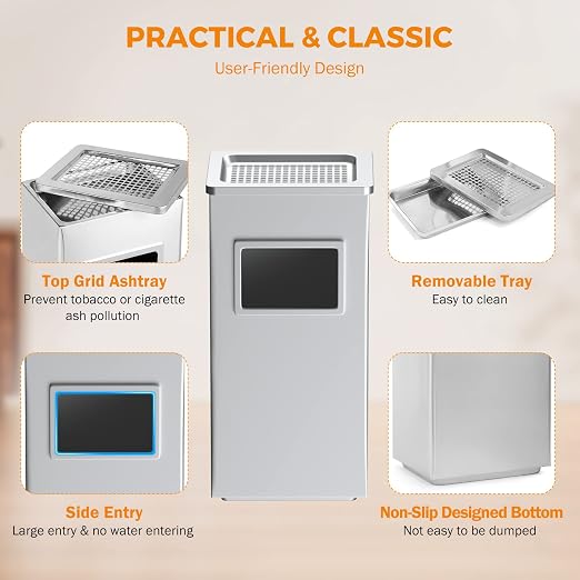 BEAMNOVA Trash Can Indoor Outdoor Metal Stainless Steel Commercial Garbage Can - Image 3
