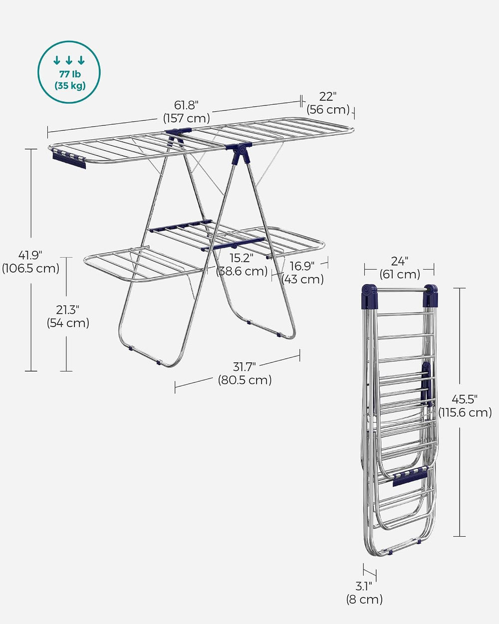 SONGMICS Clothes Drying Rack, Foldable 2-Level Stee Laundry Drying Rack