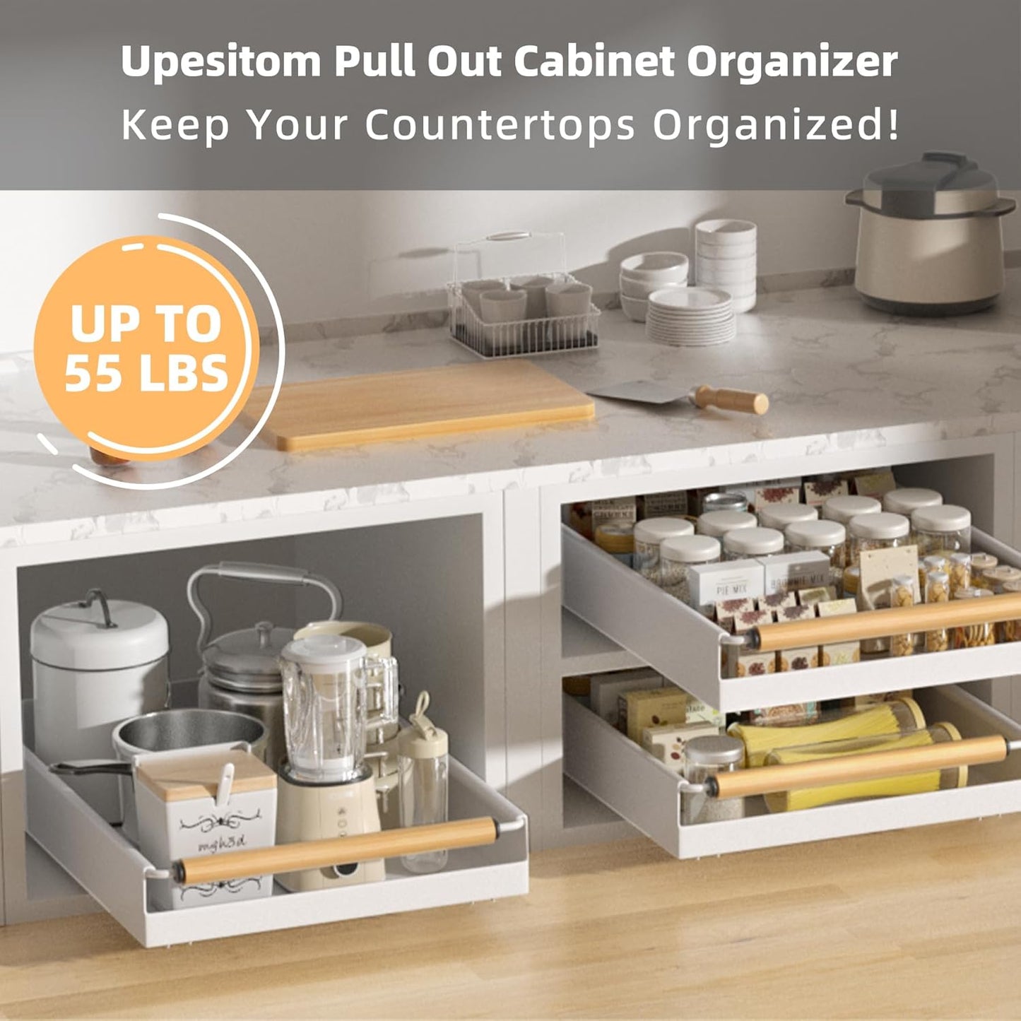 2 Pack No-Drill Pull Out Cabinet Organizer 15.3'' Deep Expandable Slide Out Drawers for Kitchen Pantry & Under Sink Storage, Adhesive Nano Film Mount, White