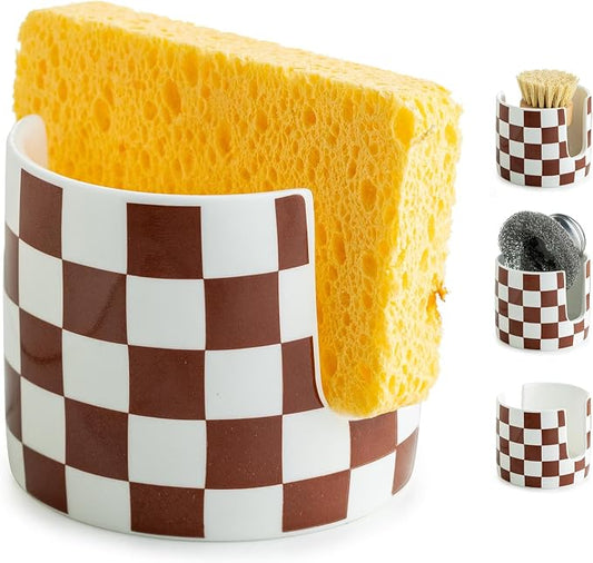 Checkered Sponge Holder for Kitchen Sink, Ceramic Dish Sponge Drying Caddy by LAUCHUH