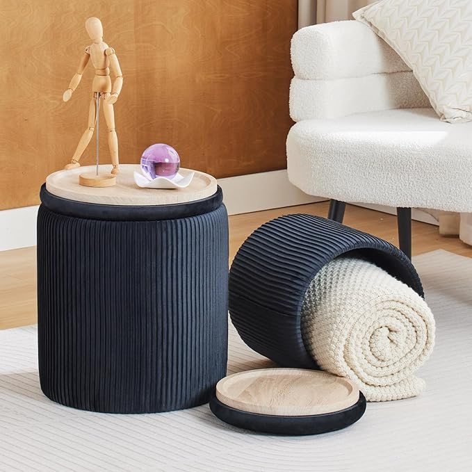 Round Ottoman with Storage Set of 2-Upholstered Velvet Vanity Stool - Image 6