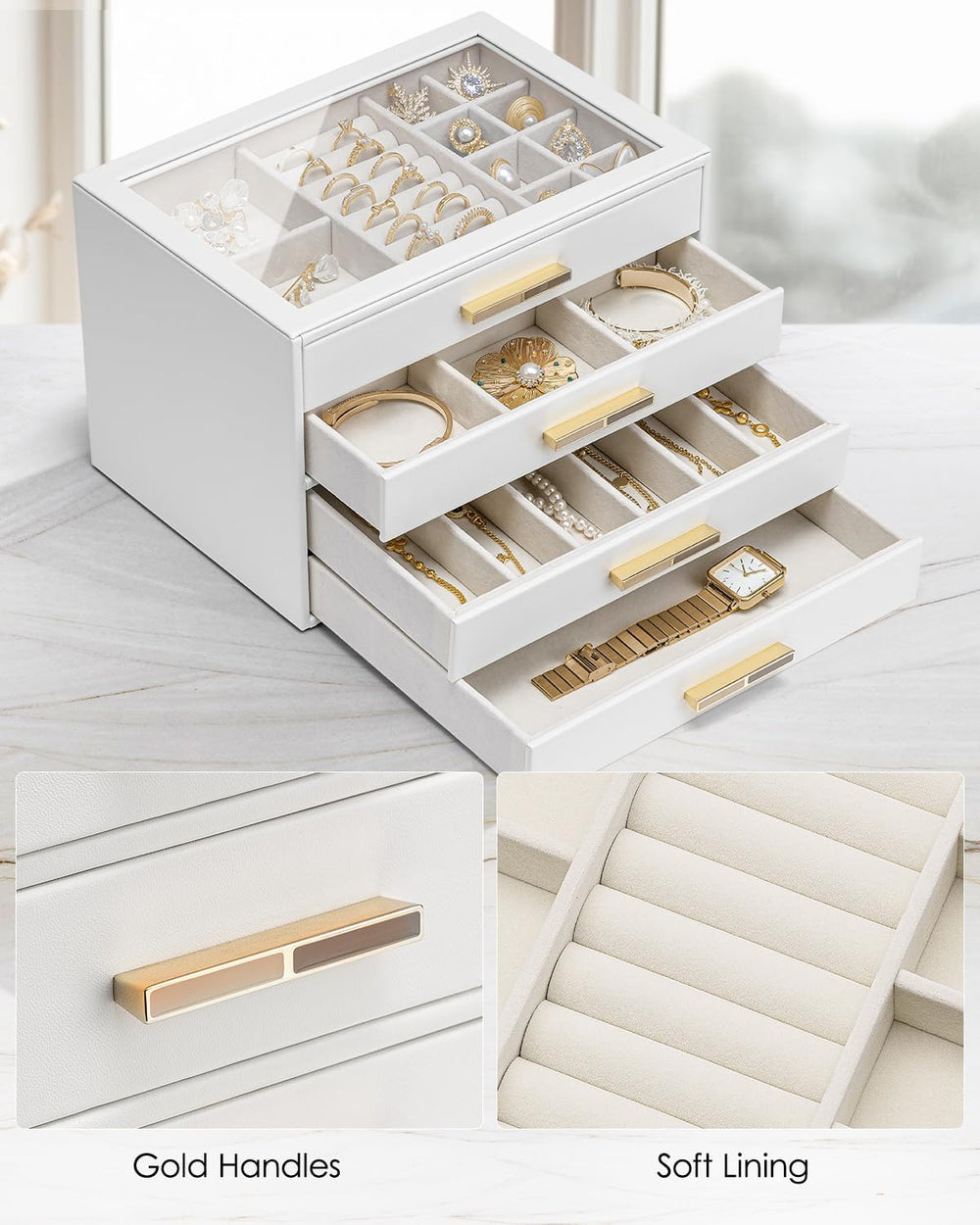 VLANDO Jewelry Box Organizer, 7-Layer Storage Drawers, Glass Window, Modern