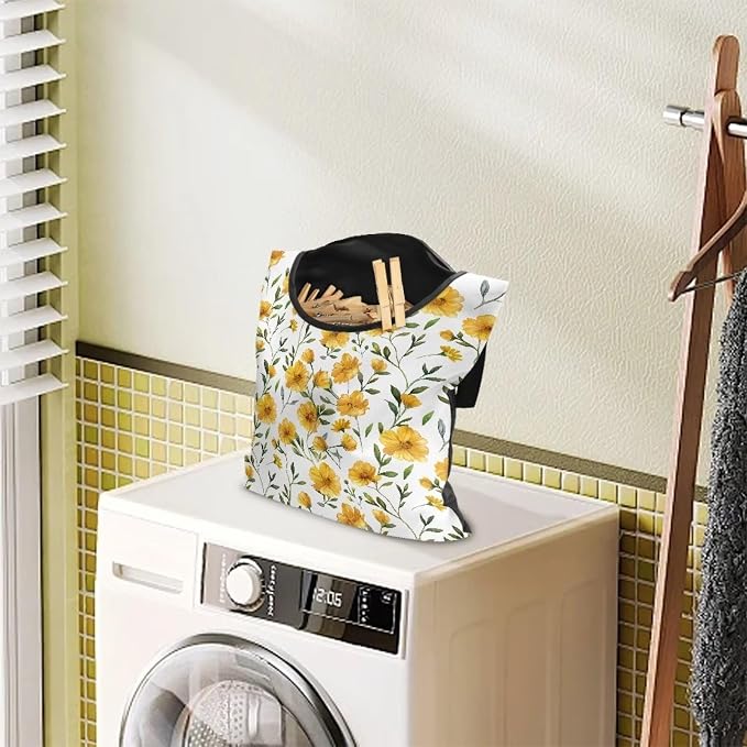 Yellow Floral Clothespin Bag Space-Saving Laundry Hanging Storage Organizer - Image 3