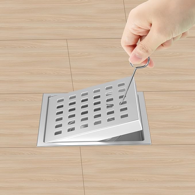 4-3/8 Inch Square Shower Drain Chrome, Bathroom Floor Drain, Stainless Steel - Image 2