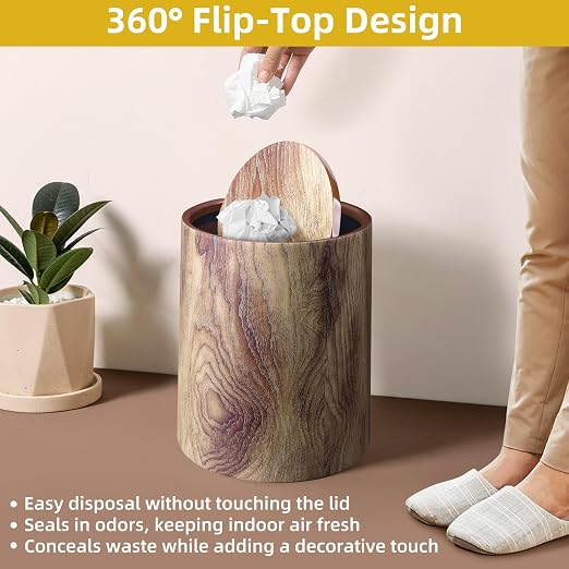 Wood Grain Plastic Trash Can Swing Top Lid, 4Gal/15L Farmhouse Wastebasket Bin - Image 2