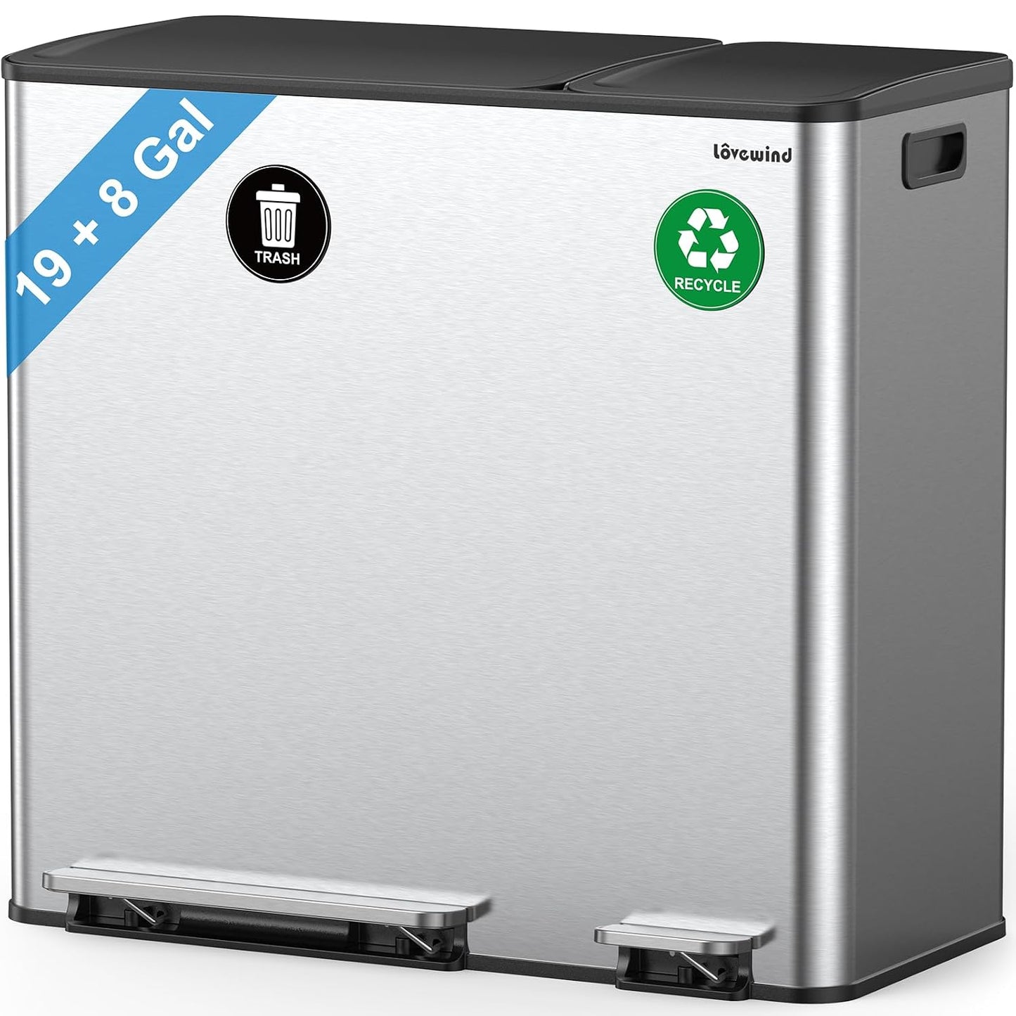 Dual Trash and Recycling Bins for Kitchen, 19+8 Gallon (72+30L) Stainless Steel Trash and Recycle Bin Combo with Soft-Close Lid, Large Garbage Cans for Kitchen Home with 2 Magnets Sticker, Silver