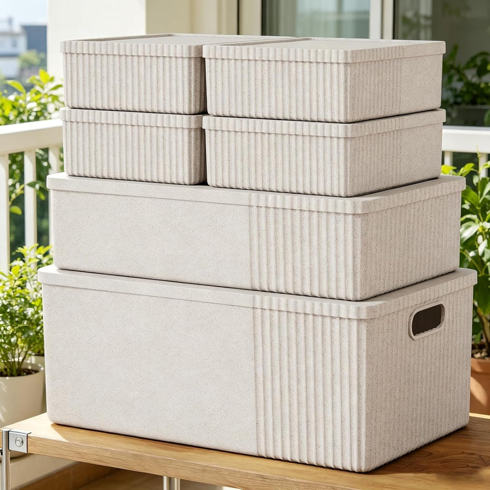 Decorative Storage Bins with Lids, Set of 6, 3 Size Baskets, Ivory