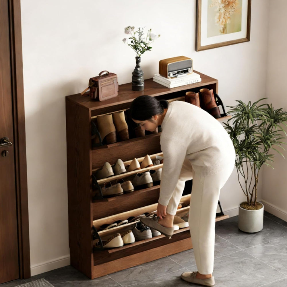 KungFuWood Soild Wood Shoe Storage Cabinet with 3 Flip Drawers for Entryway,N...