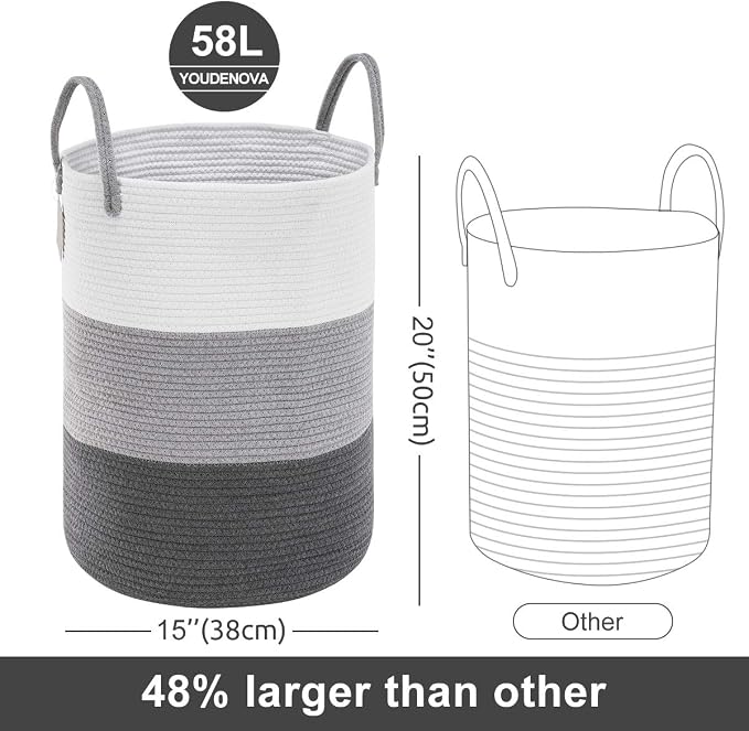 YOUDENOVA Woven Rope Laundry Hamper Basket, 58L Tall Luandry Basket, Baby - Image 3
