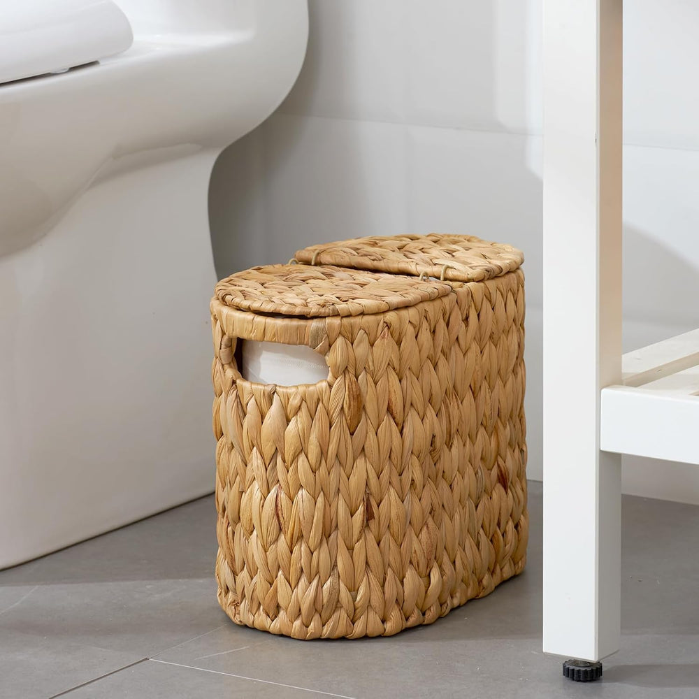 Toilet Paper Basket with Lid, Water Hyacinth Wicker Toilet Paper Storage Hold...