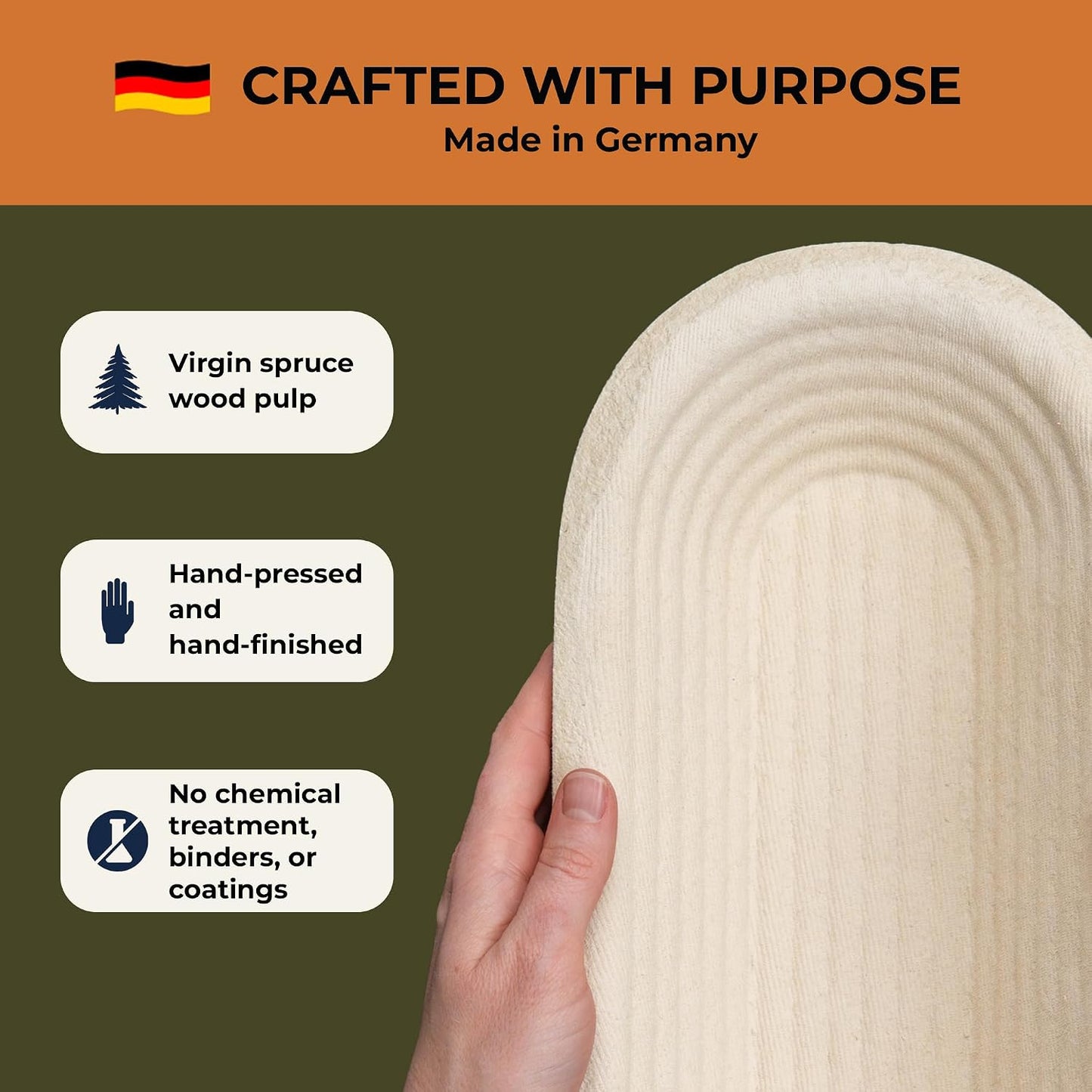 Sourdough Banneton Bread Proofing Basket 11.4" Oval Groove 750g | 11.4 x 5.3 x 2.4in oval, holds 800 to 900g dough, bakes a 750g batard, spruce wood pulp, handmade in Germany