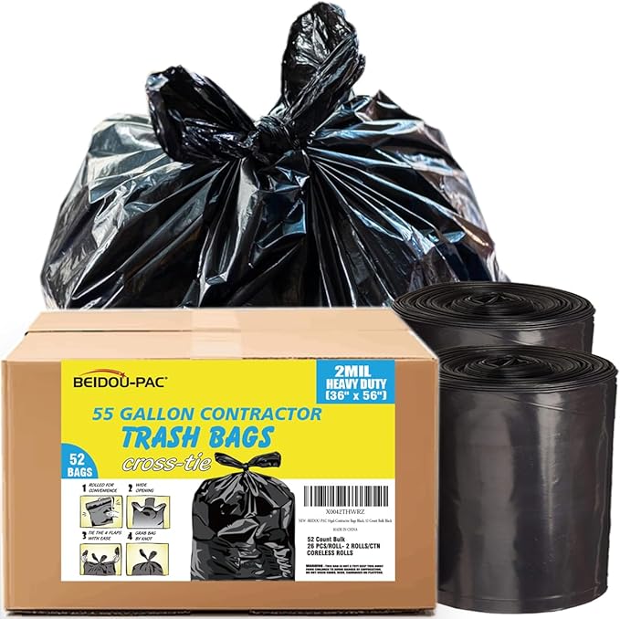Contractor Heavy Duty Trash Bags 55 Gallon | 52 Count | 2 MIL | 36" X 56" | by BEIDOU-PAC